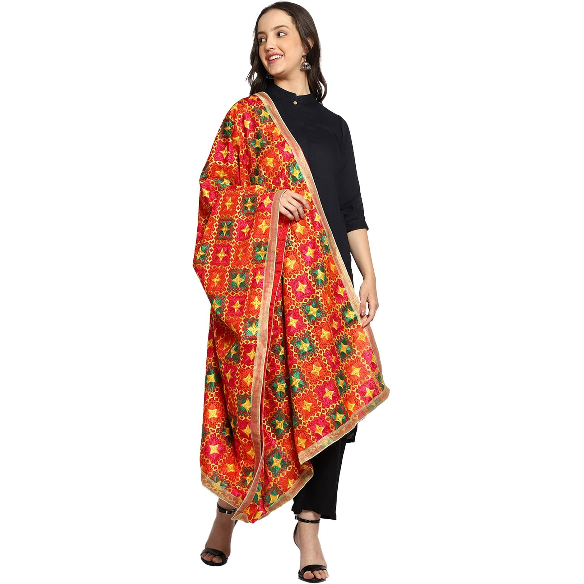 Weavers Villa Women's Polyester Heavy Phulkari Embroided Dupatta, Chunni (2.25 Mtrs) (Design-03)