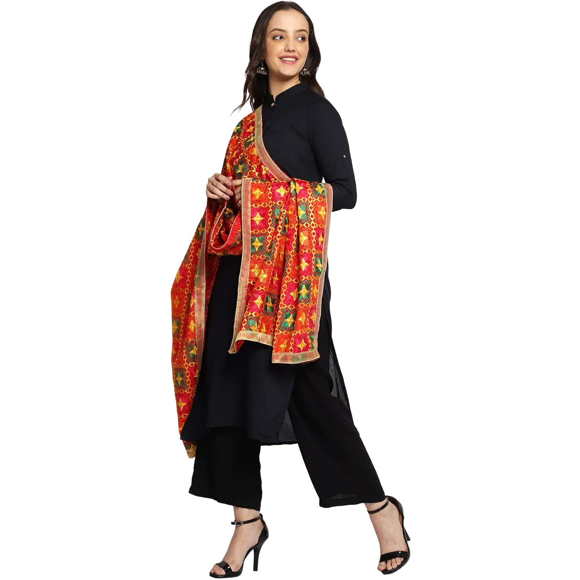 Weavers Villa Women's Polyester Heavy Phulkari Embroided Dupatta, Chunni (2.25 Mtrs) (Design-03)