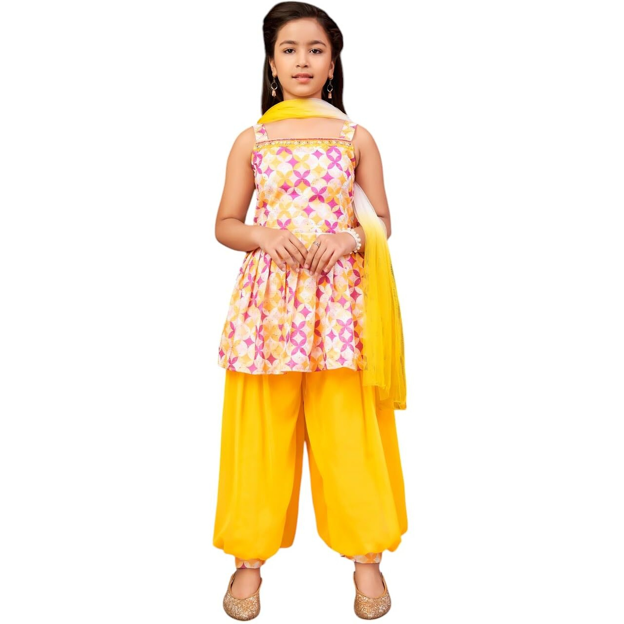 Aarika Girls Ethnic Wear Yellow Colour Beads Embroidery Cotton Blend Kurti Patiala Set With Dupatta-4-9 Years (Pt-Shm-5016)