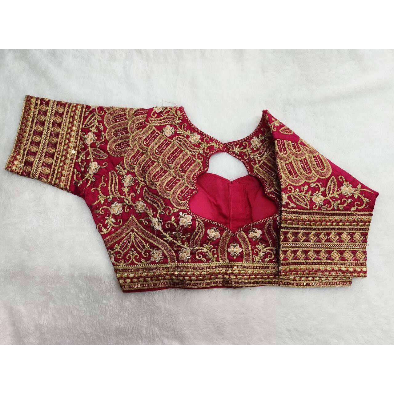 Pujia Mills Women's Milan Silk Half Sleeve Readymade Blouse Embroidery Multi Coding Gold Thread Handwork Blouse For Saree And Lehenga Choli Pink 38