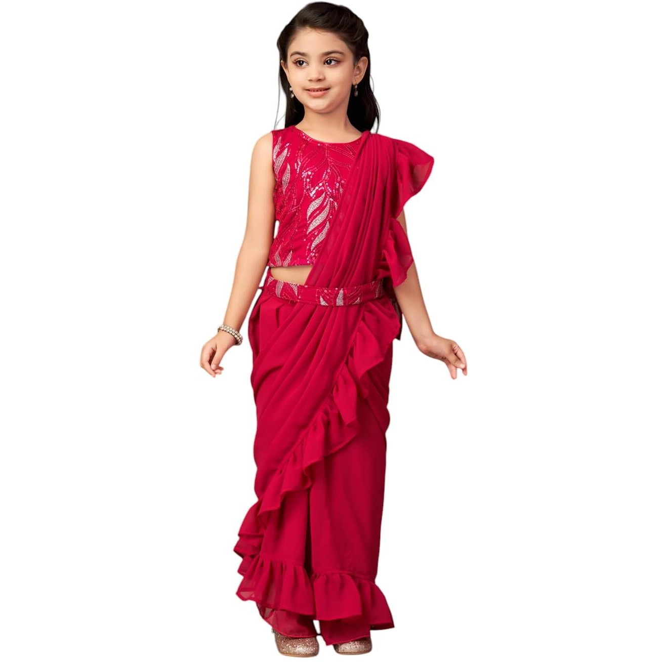 Aarika Girls Ethnic Wear Rani Colour Sequin Embroidery Georgette Lehenga Choli Set With Attached Dupatta-(Lch-Shm-5019-Rani-28)-(4-13 Years)