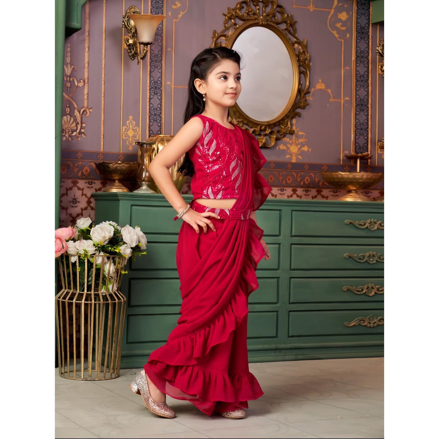 Aarika Girls Ethnic Wear Rani Colour Sequin Embroidery Georgette Lehenga Choli Set With Attached Dupatta-(Lch-Shm-5019-Rani-28)-(4-13 Years)