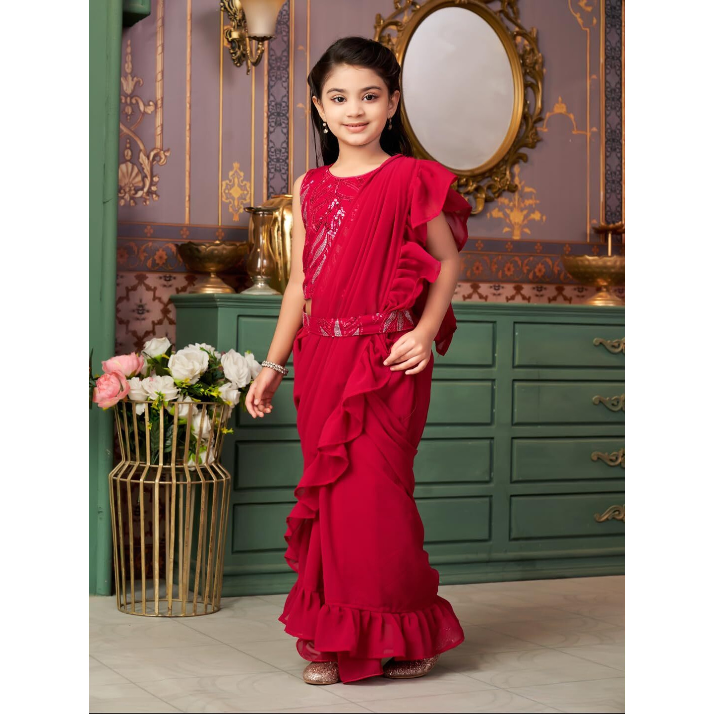 Aarika Girls Ethnic Wear Rani Colour Sequin Embroidery Georgette Lehenga Choli Set With Attached Dupatta-(Lch-Shm-5019-Rani-28)-(4-13 Years)