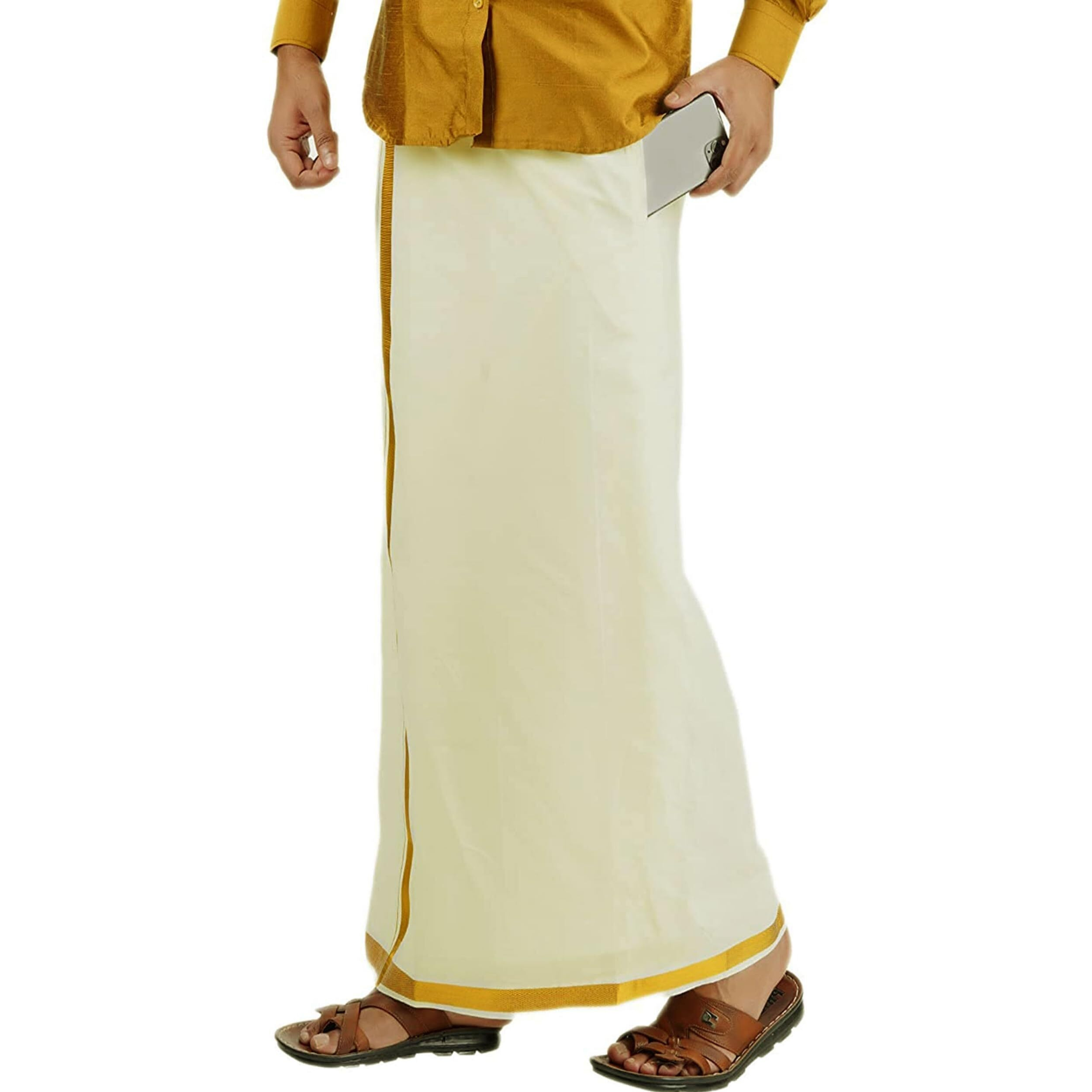 Prakasam Cotton Mens Ss Gold Jari Border Flexi Size Welcro Pocket Dhoti (Large, Cream)