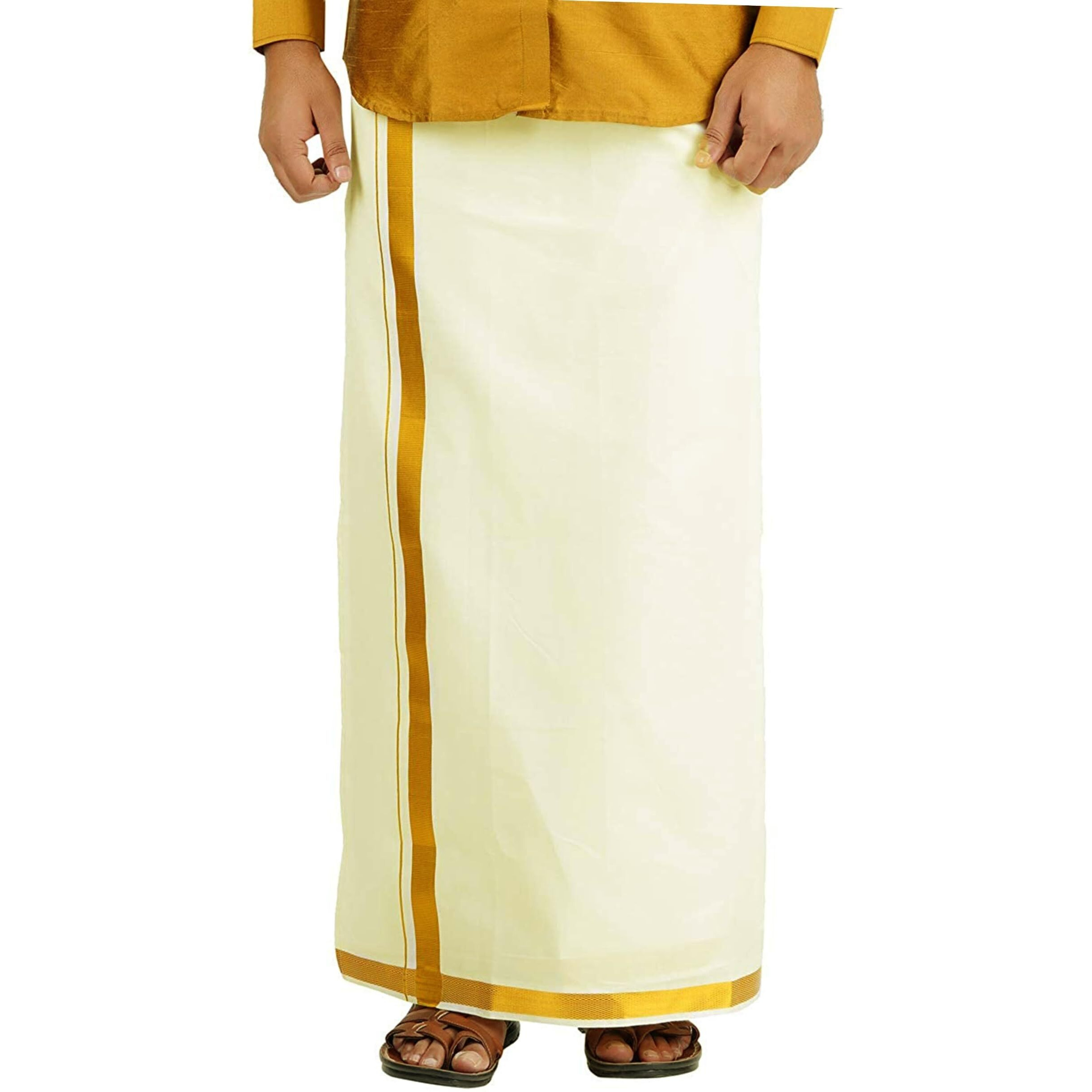 Prakasam Cotton Mens Ss Gold Jari Border Flexi Size Welcro Pocket Dhoti (Large, Cream)