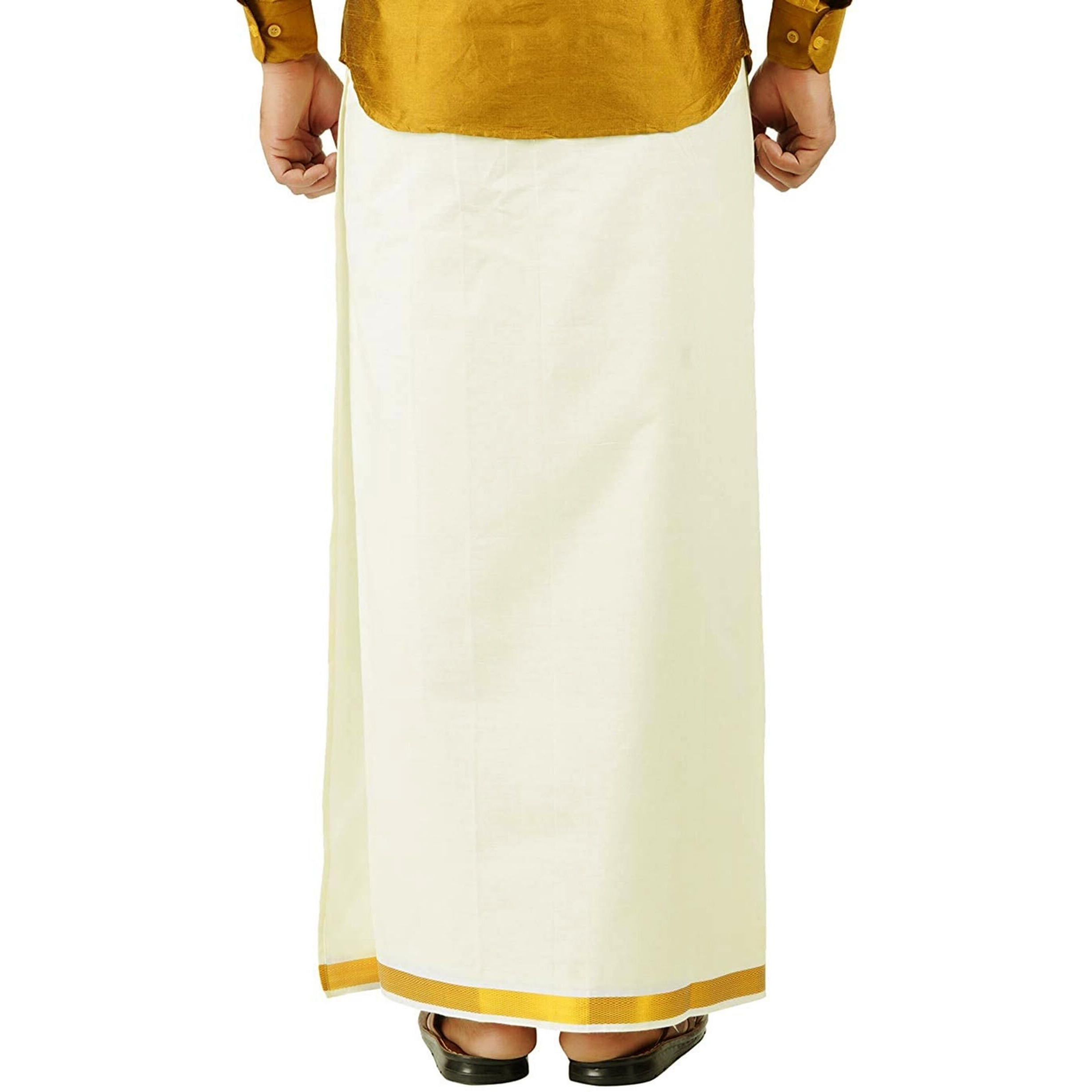 Prakasam Cotton Mens Ss Gold Jari Border Flexi Size Welcro Pocket Dhoti (Large, Cream)
