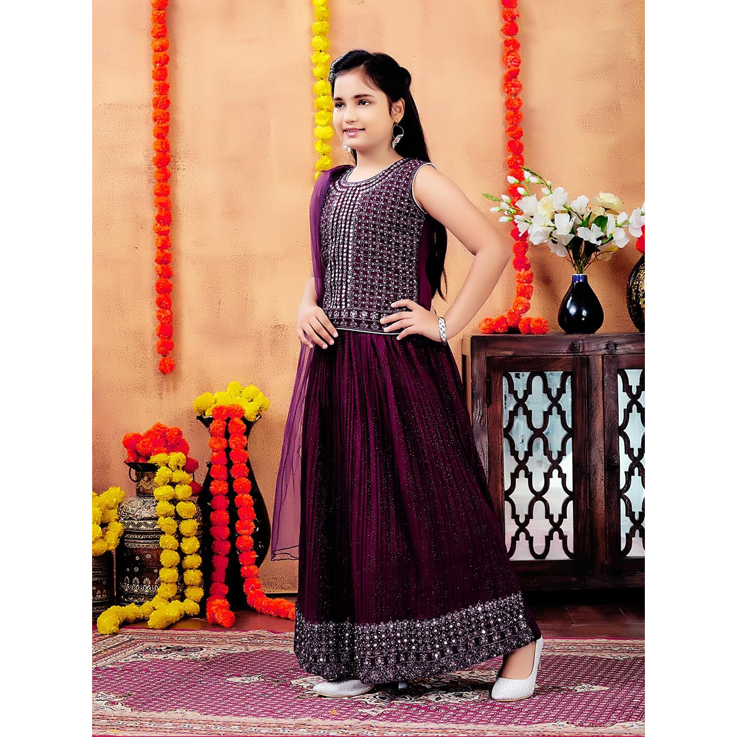 Aarika Girls Ethnic Wear Purple Colour Mirror Embroidery Georgette Lehenga Choli Set (4-10 Years)