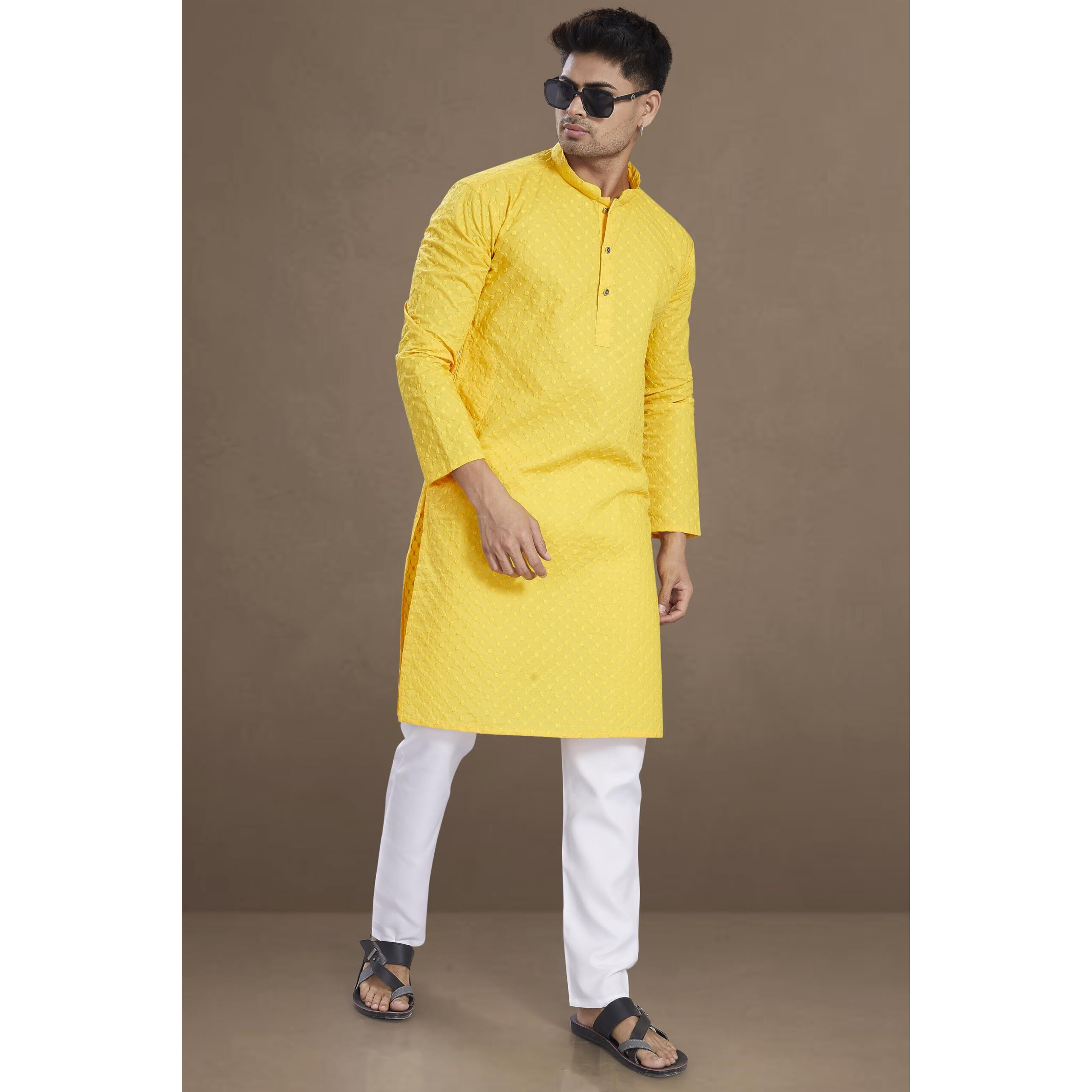 Divisive Men's Thread Embroidered Cotton Only Slim Fit Kurta (Dkrt638_4Xl_Yellow)