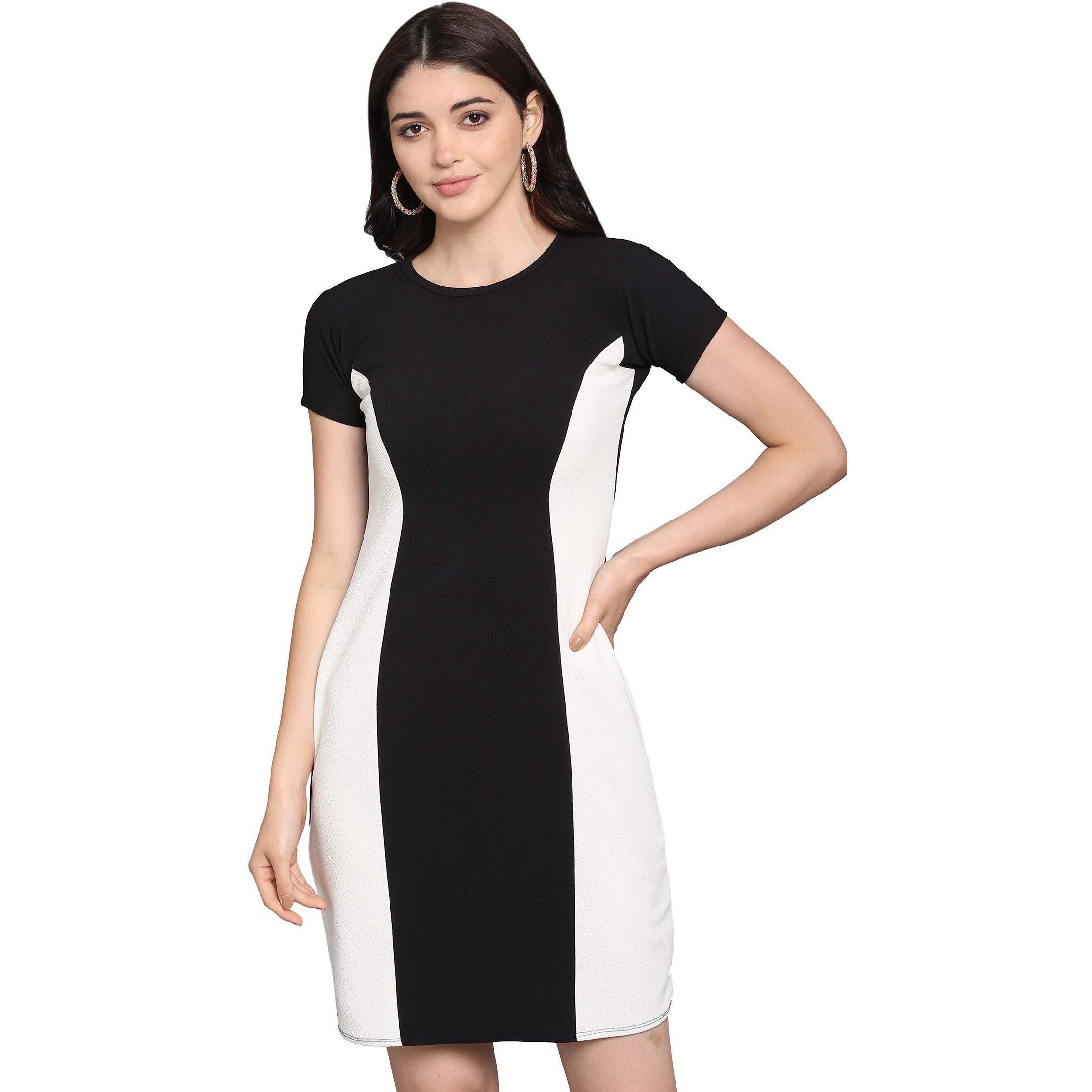 Purvaja Womens Bodycon Knee Length Dress(Lucy-113-Wh-Bl_Black_Medium)