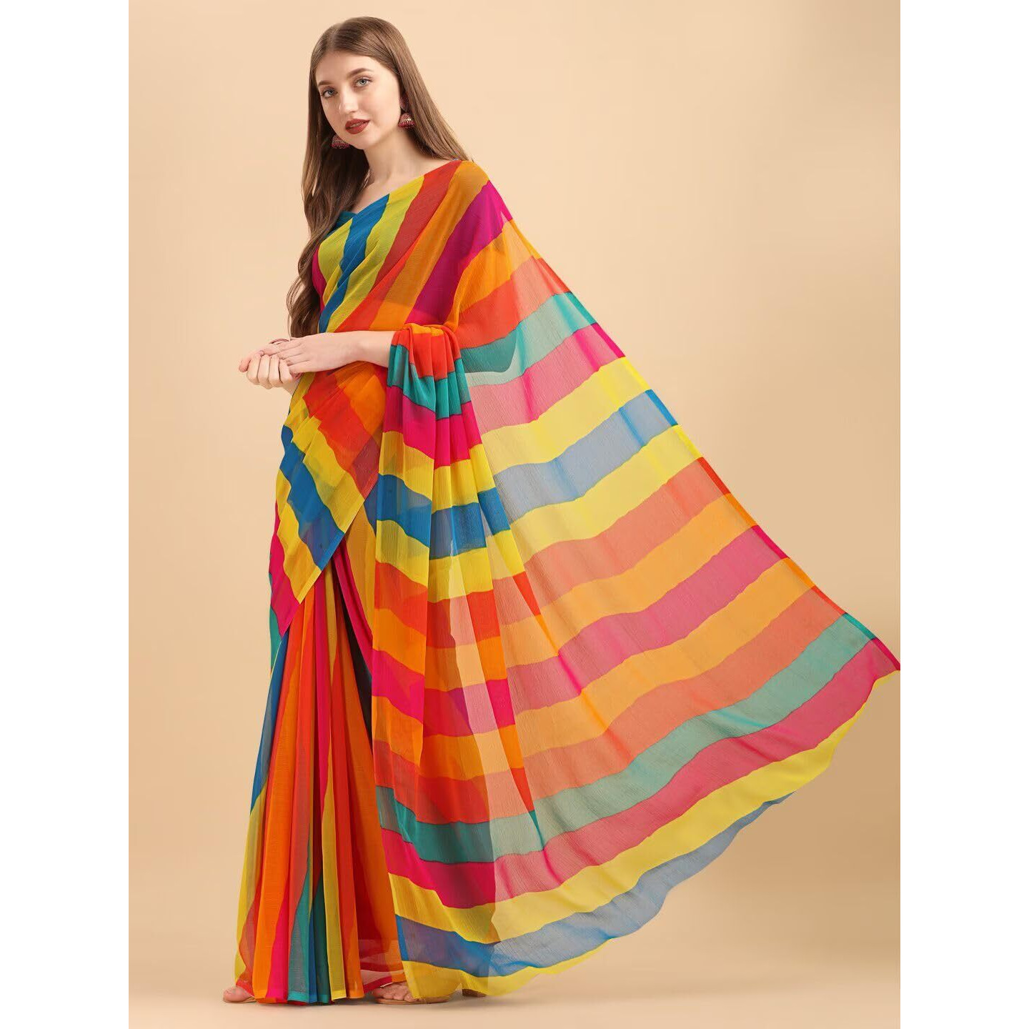 Rytras Yellow & Turquoise Blue Colourblocked Pure Chiffon Saree