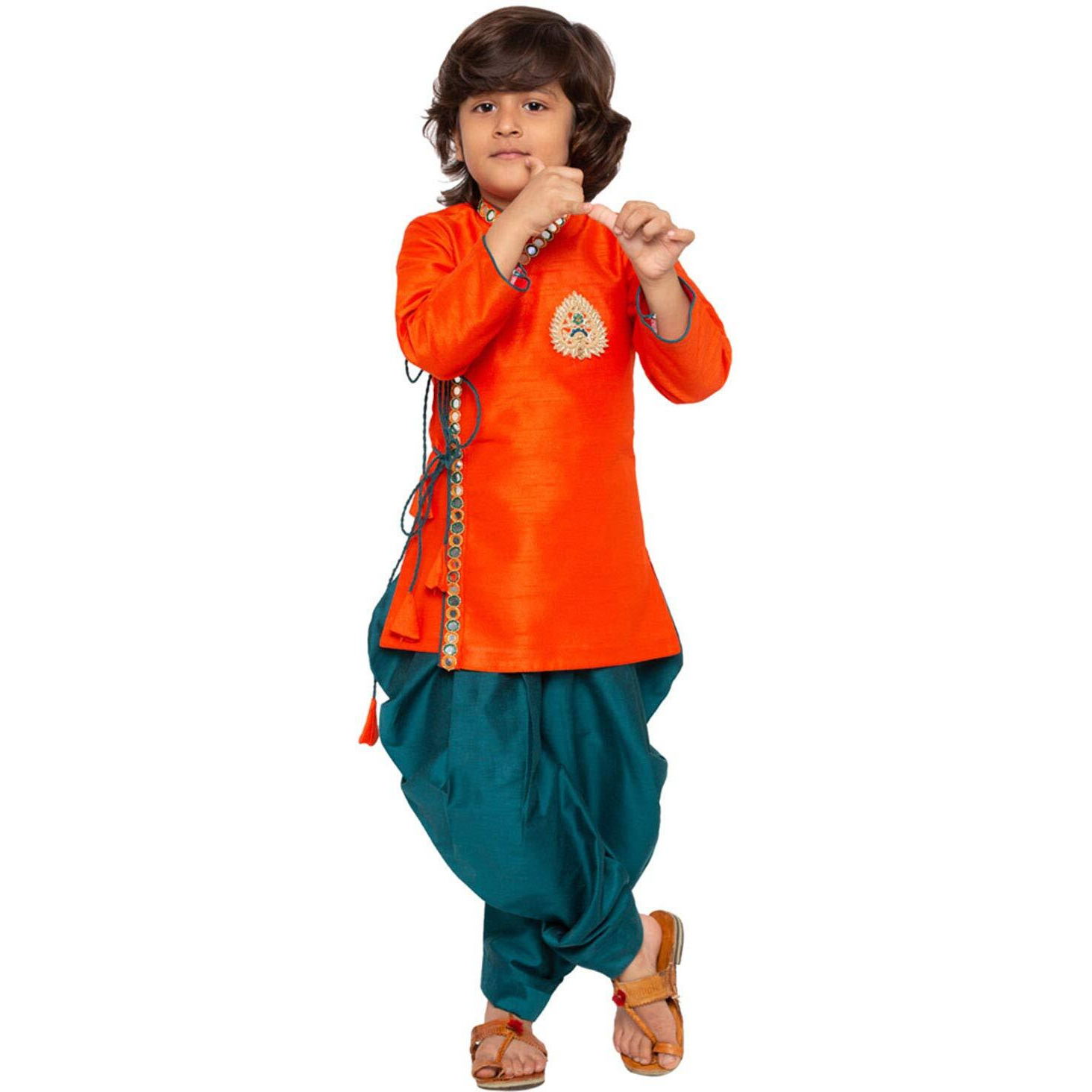 Vastramay Boys Orange Silk Blend Kurta Dhoti Set For Janmashtami - Krishna Festival Ethnic Wear
