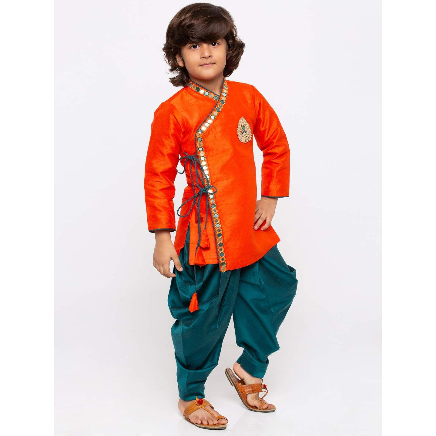 Vastramay Boys Orange Silk Blend Kurta Dhoti Set For Janmashtami - Krishna Festival Ethnic Wear