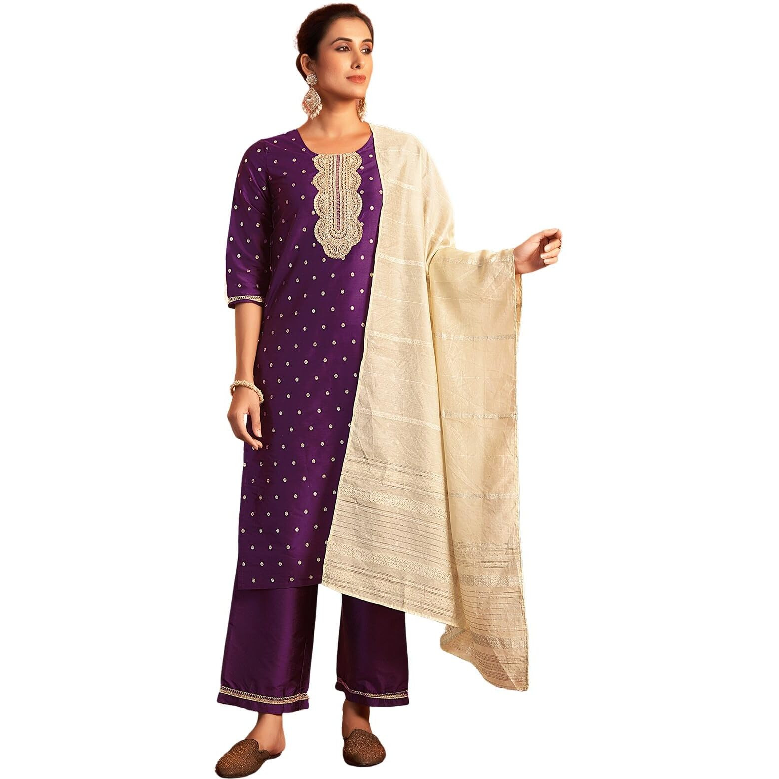 Sanisa Women's Silk Blend Jacquard Sequins Embroidery Straight Kurta With Pant And Dupatta Set (201Kbd2131N-Xl_Deep Purple)