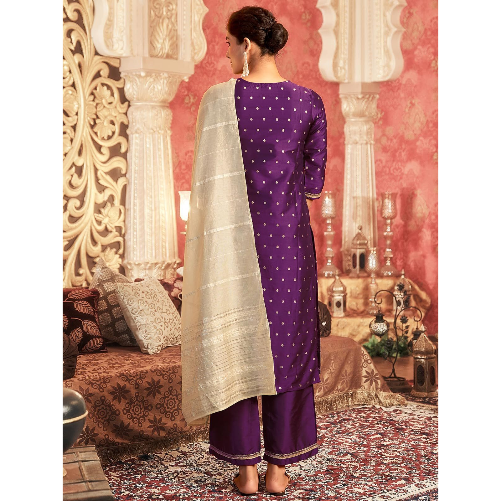 Sanisa Women's Silk Blend Jacquard Sequins Embroidery Straight Kurta With Pant And Dupatta Set (201Kbd2131N-Xl_Deep Purple)