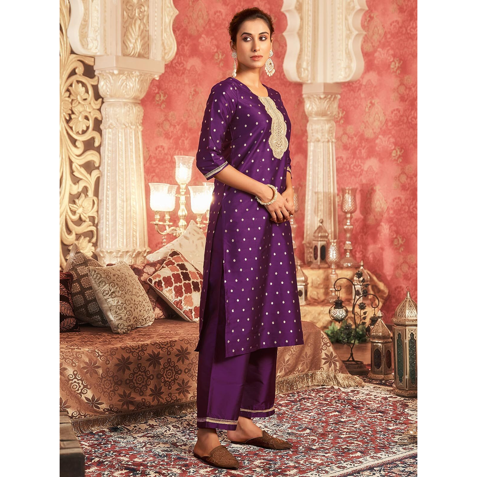 Sanisa Women's Silk Blend Jacquard Sequins Embroidery Straight Kurta With Pant And Dupatta Set (201Kbd2131N-Xl_Deep Purple)