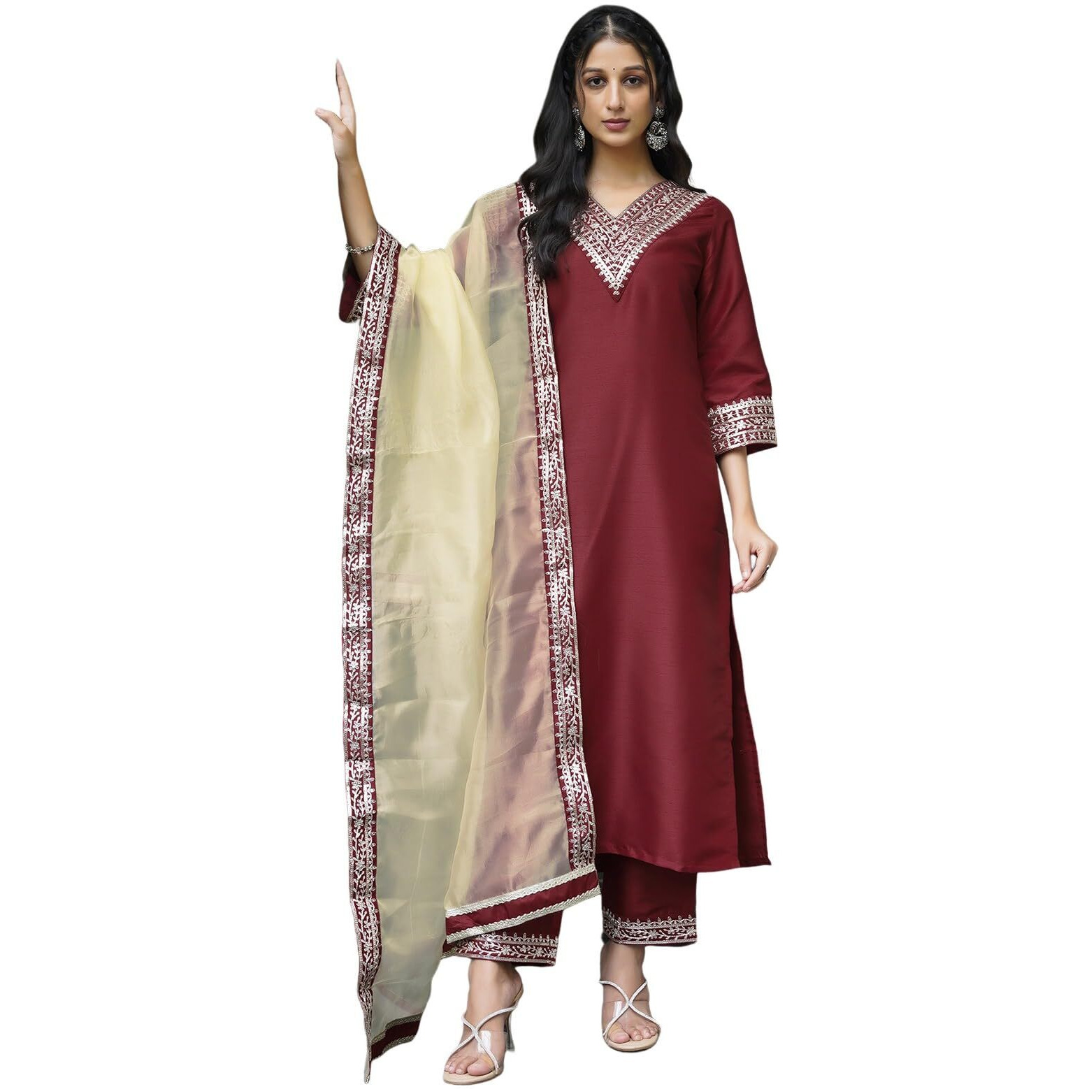 Sanisa Women's Silk Sequence And Embroidery Work Lace Straight Kurta With Pant And Dupatta Set (104Kbd1140Nb-L_Red)