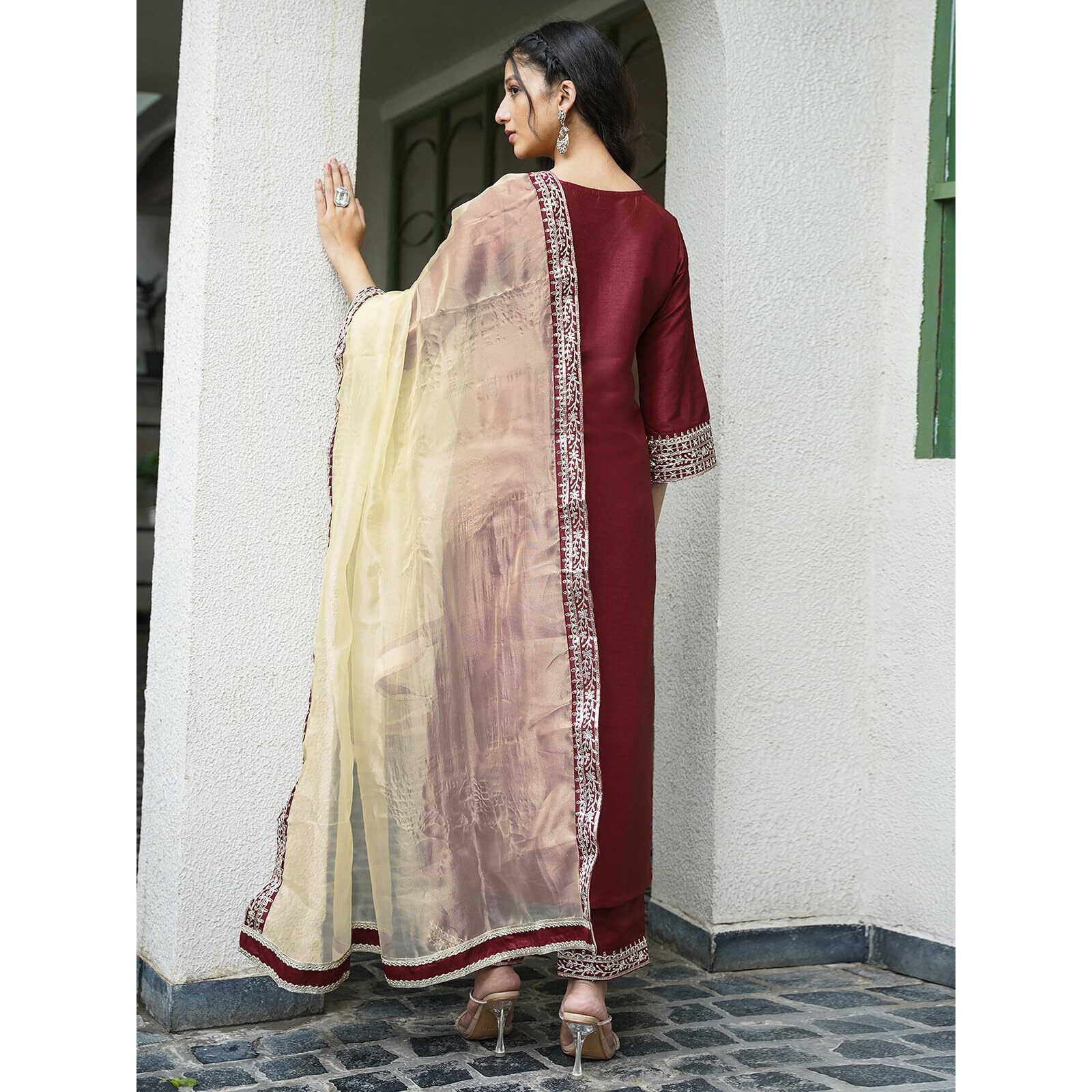 Sanisa Women's Silk Sequence And Embroidery Work Lace Straight Kurta With Pant And Dupatta Set (104Kbd1140Nb-L_Red)