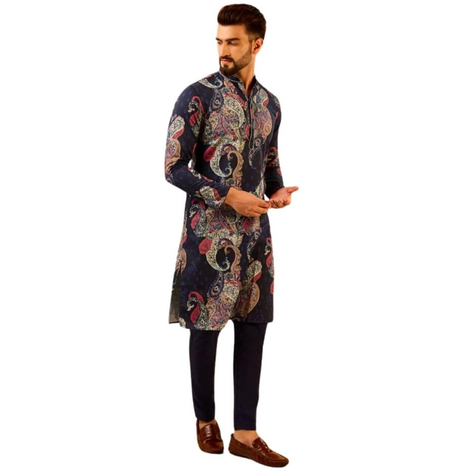 Kisah Men's Kurta, Navy Blue Cotton, Paisley Regular Fit Mandarin Collar Long Sleeves (M)