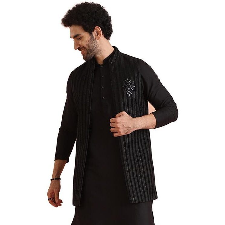 Kisah Mens Nehru Jacket|Blended Fabric Sheer Pattern Mens Ethnic Wear|Regular Fit Mandarin Collar Sleeveless, Black, 38