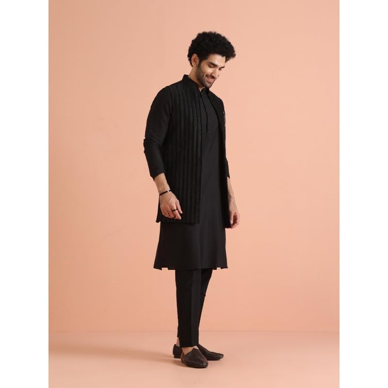 Kisah Mens Nehru Jacket|Blended Fabric Sheer Pattern Mens Ethnic Wear|Regular Fit Mandarin Collar Sleeveless, Black, 38