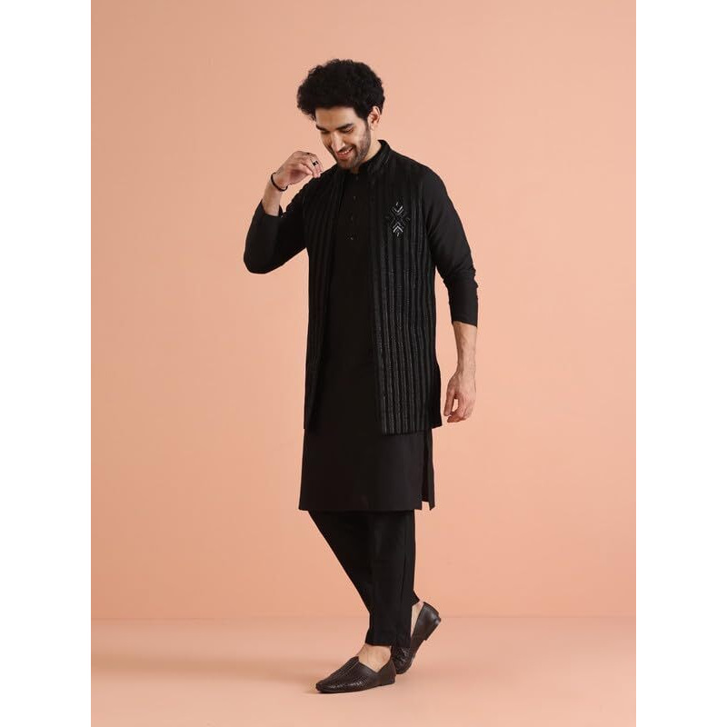 Kisah Mens Nehru Jacket|Blended Fabric Sheer Pattern Mens Ethnic Wear|Regular Fit Mandarin Collar Sleeveless, Black, 38