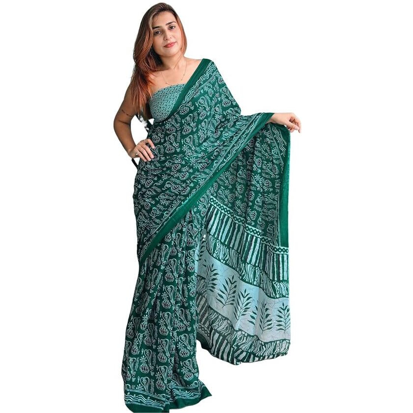 Satrani Women's Cotton Printed & Ready To Wear Saree With Unstitched Blouse Piece (3325S281N_Green)