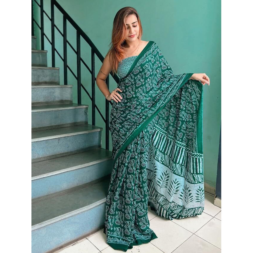 Satrani Women's Cotton Printed & Ready To Wear Saree With Unstitched Blouse Piece (3325S281N_Green)