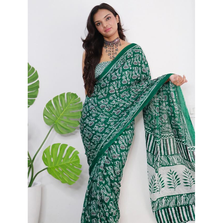 Satrani Women's Cotton Printed & Ready To Wear Saree With Unstitched Blouse Piece (3325S281N_Green)