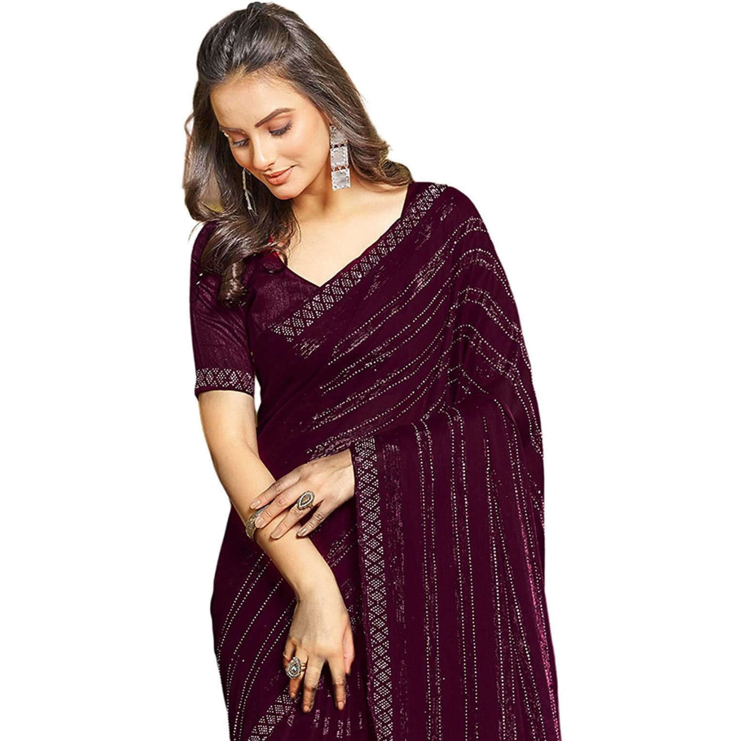 Satrani Women's Chiffon Dyed & Hot Fixing & Zari Saree With Unstitched Blouse Piece (3397S249N_Wine)