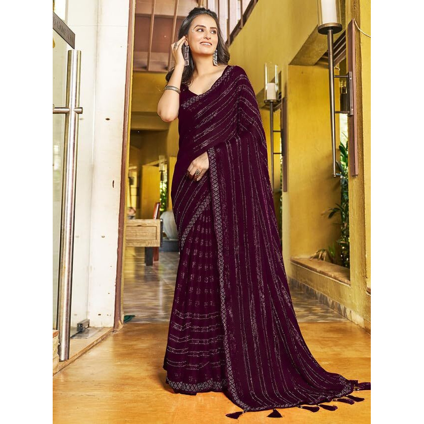 Satrani Women's Chiffon Dyed & Hot Fixing & Zari Saree With Unstitched Blouse Piece (3397S249N_Wine)