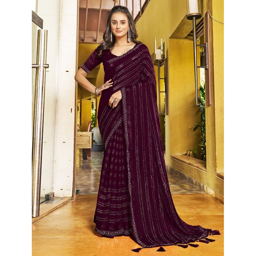 Satrani Women's Chiffon Dyed & Hot Fixing & Zari Saree With Unstitched Blouse Piece (3397S249N_Wine)