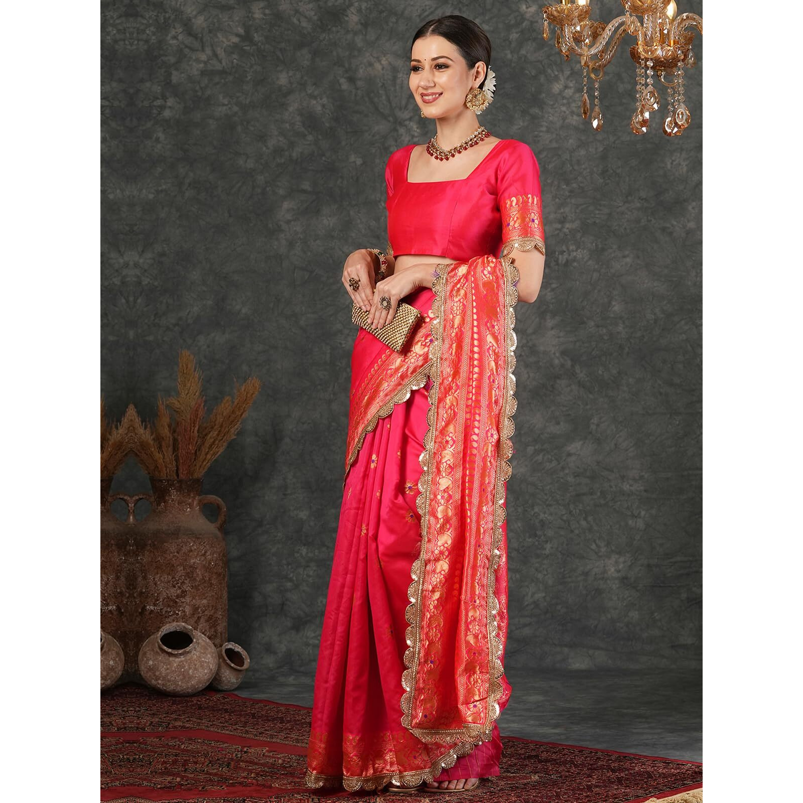 Satrani Women's Silk Banarasi Jacquard Weaving Saree With Unstitched Blouse Piece (4032S667N_Bright Pink)
