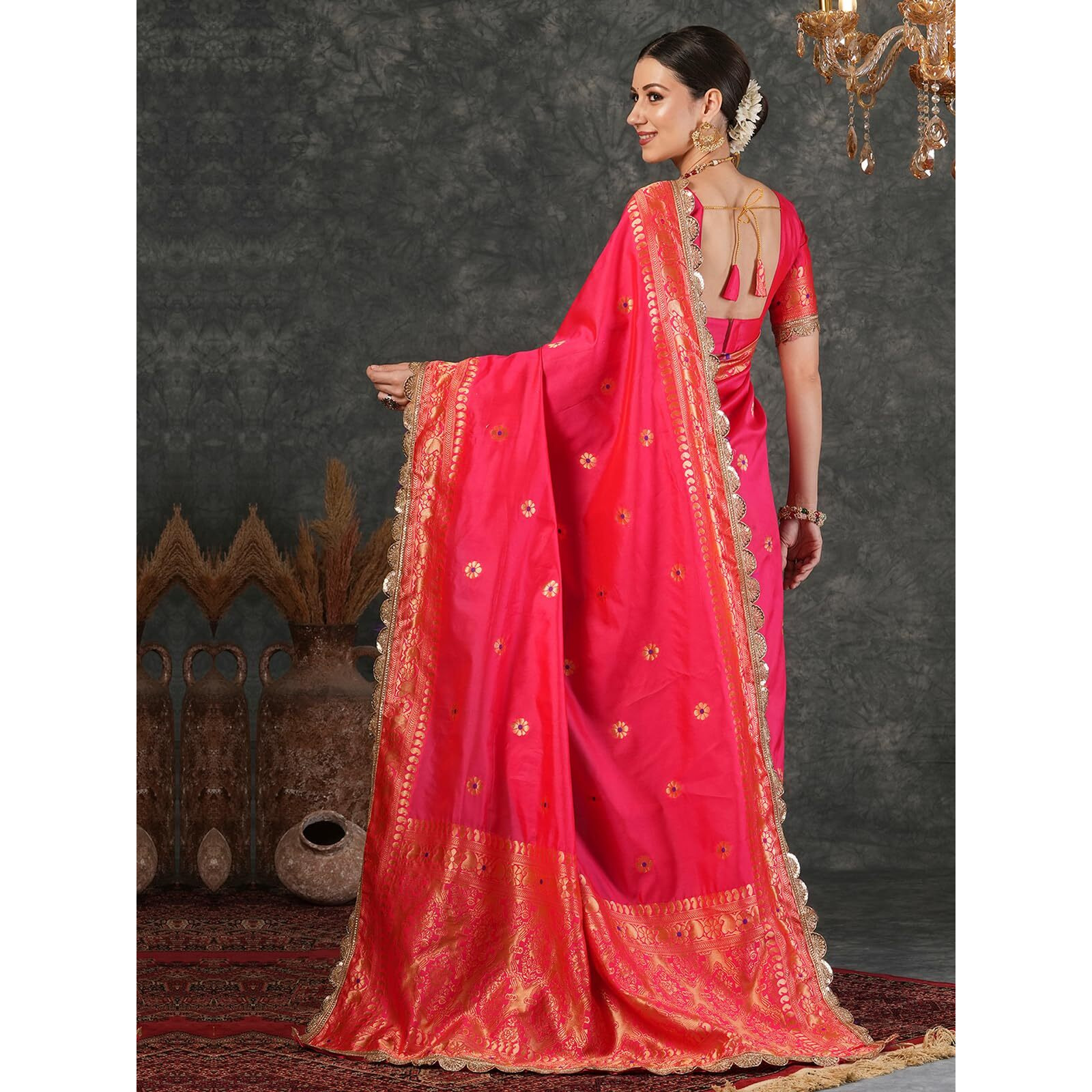 Satrani Women's Silk Banarasi Jacquard Weaving Saree With Unstitched Blouse Piece (4032S667N_Bright Pink)