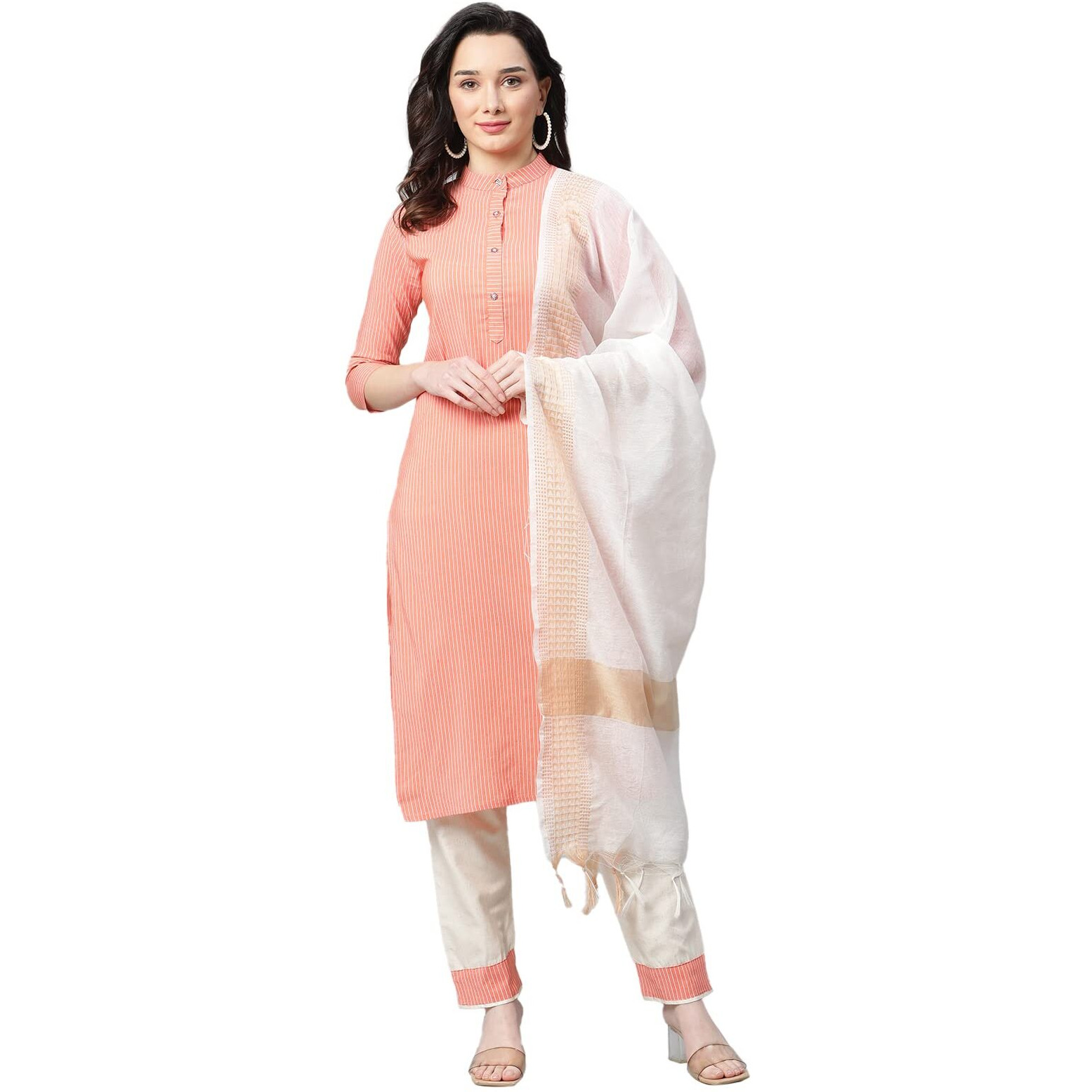 Leriya Fashion Women's Printed Straight Cotton Stitched Kurta Pant With Dupatta (Xx-Large, Orange)