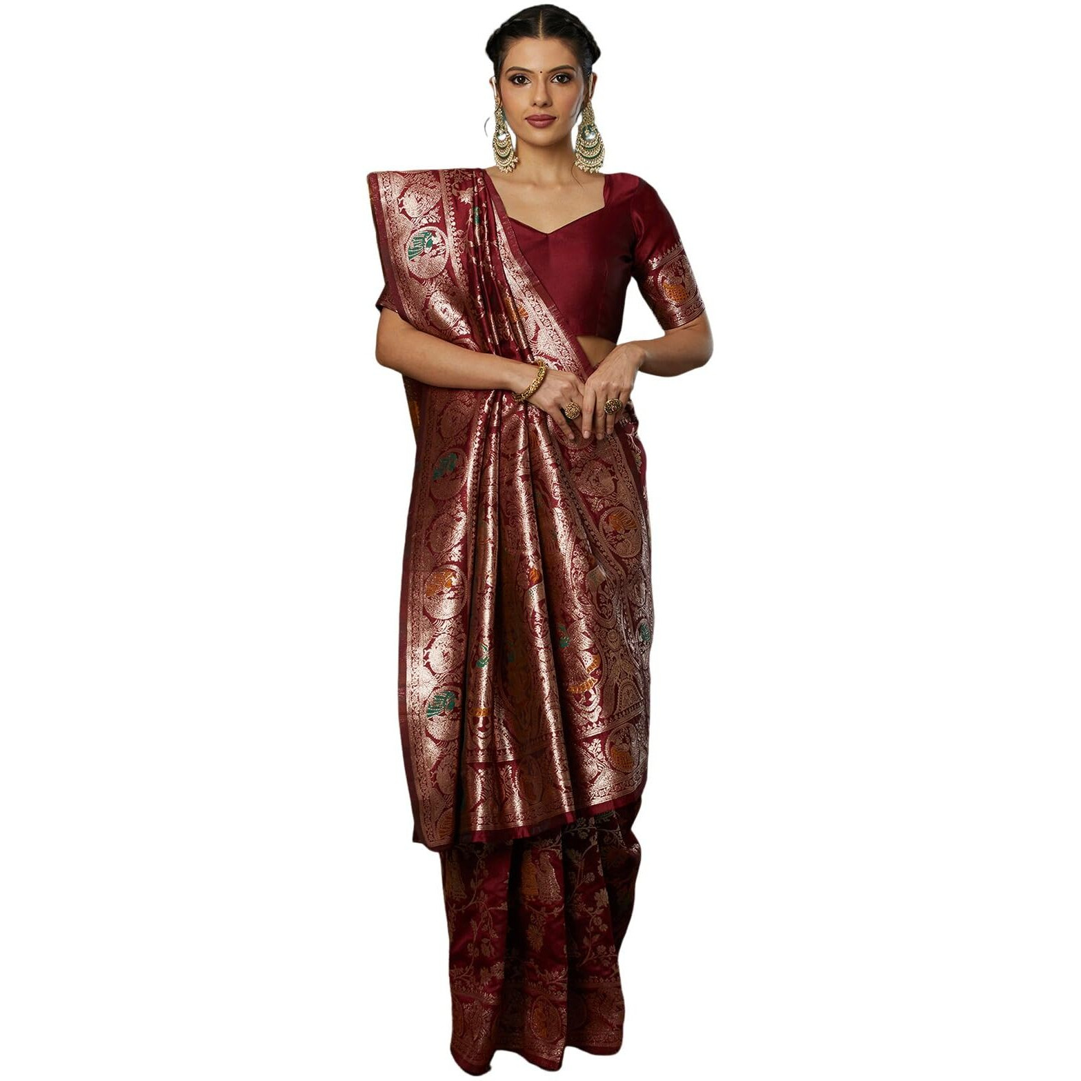 Satrani Women's Silk Blend Weaving Banarasi Saree With Unstitched Blouse Piece (4100S731N_Maroon1)