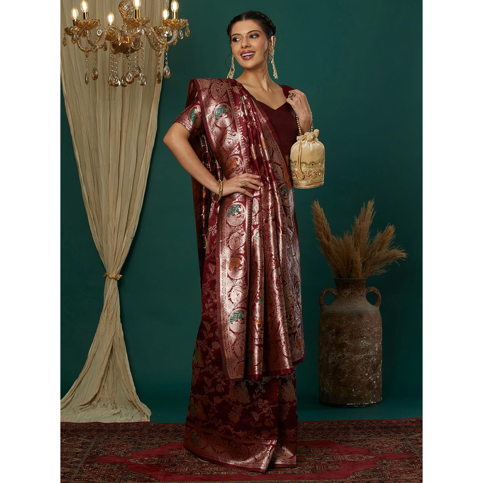 Satrani Women's Silk Blend Weaving Banarasi Saree With Unstitched Blouse Piece (4100S731N_Maroon1)