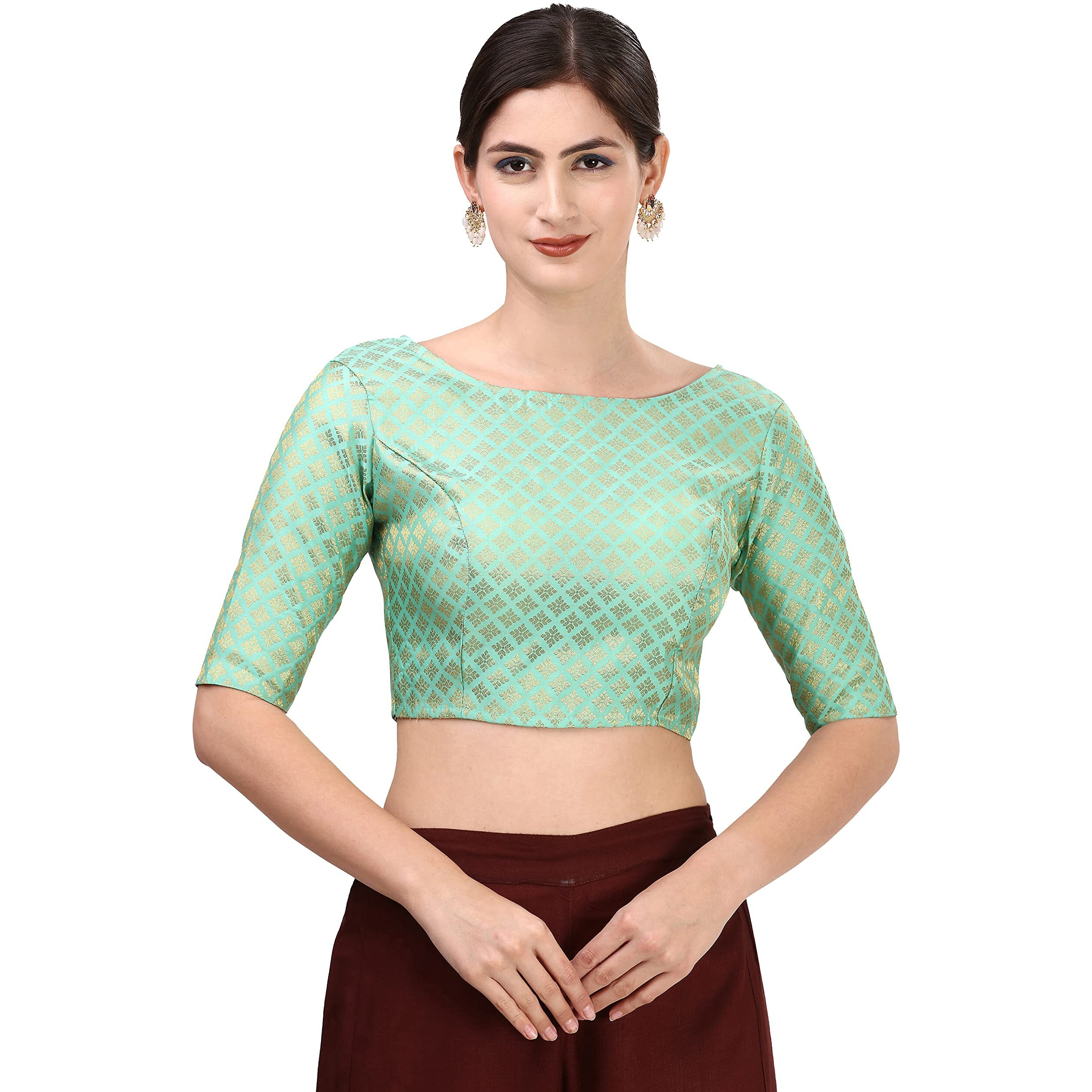 Oomph Readymade Blouse For Women, Brocade, Green, Boat Neck
