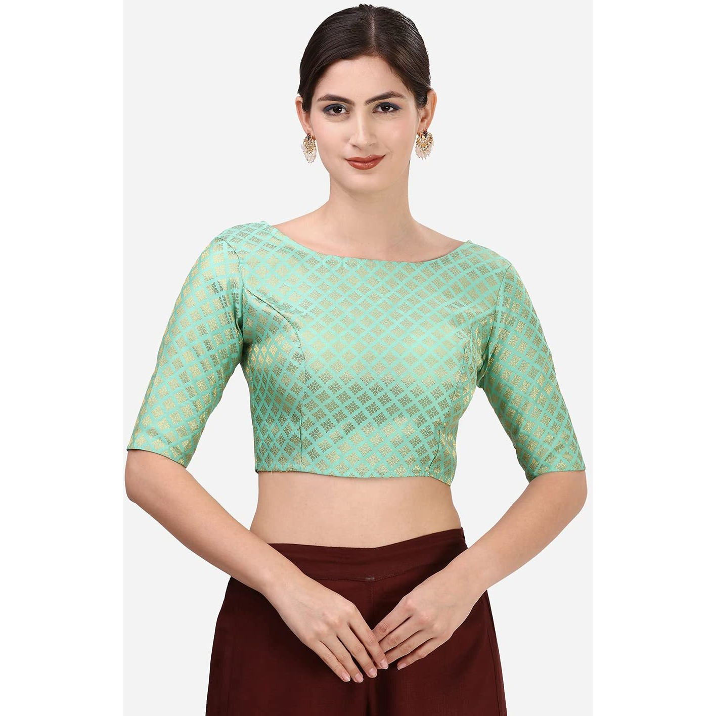 Oomph Readymade Blouse For Women, Brocade, Green, Boat Neck