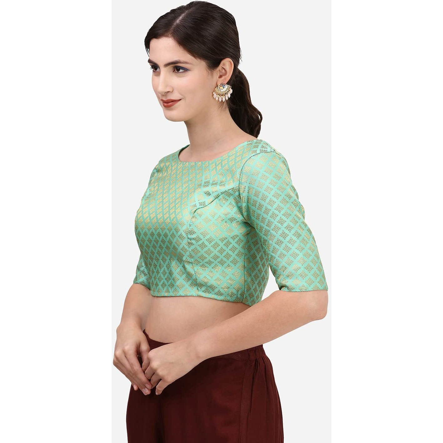 Oomph Readymade Blouse For Women, Brocade, Green, Boat Neck