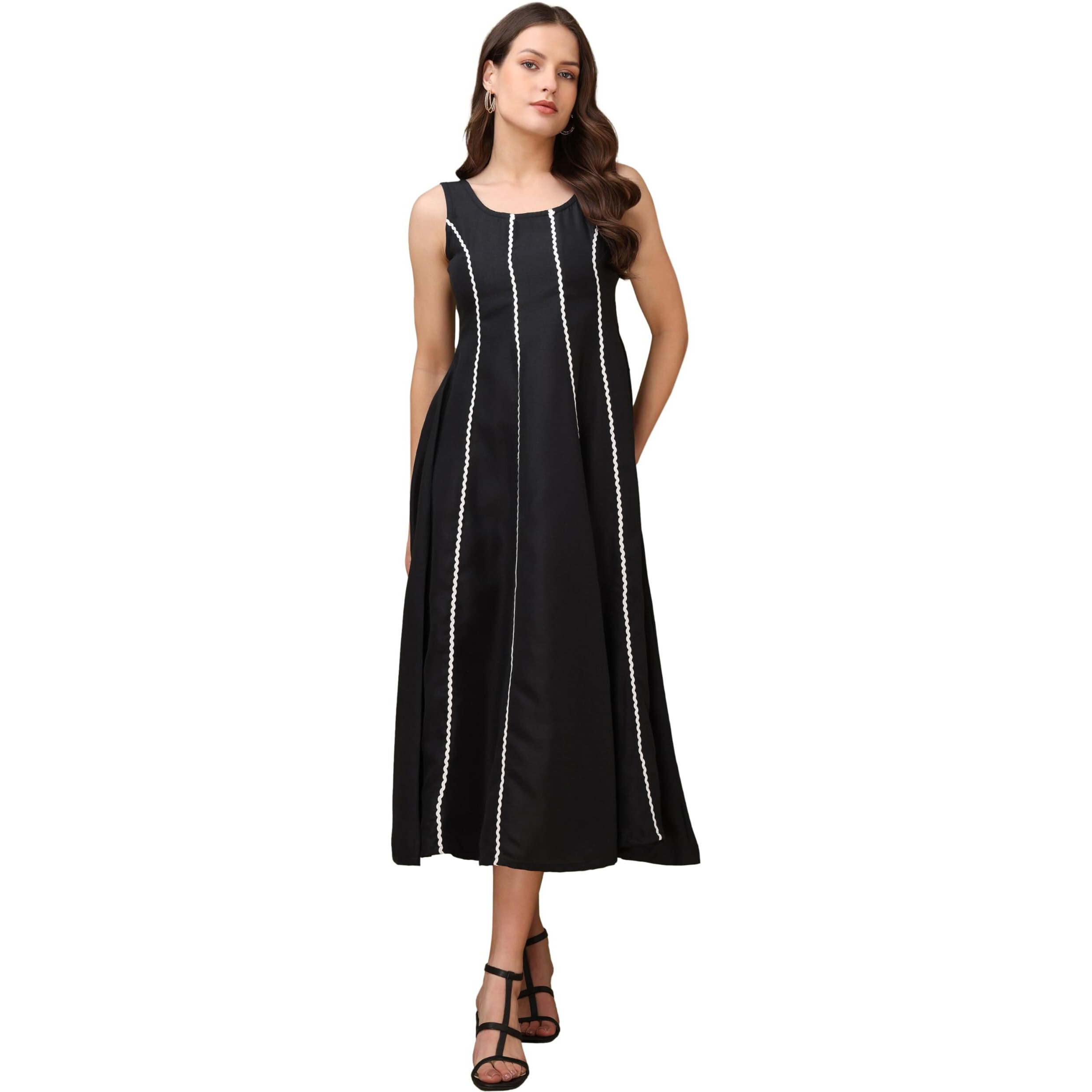 Purvaja Womens Round Neck Flared Cotton Blend Dress (Floe-045-L_Black)