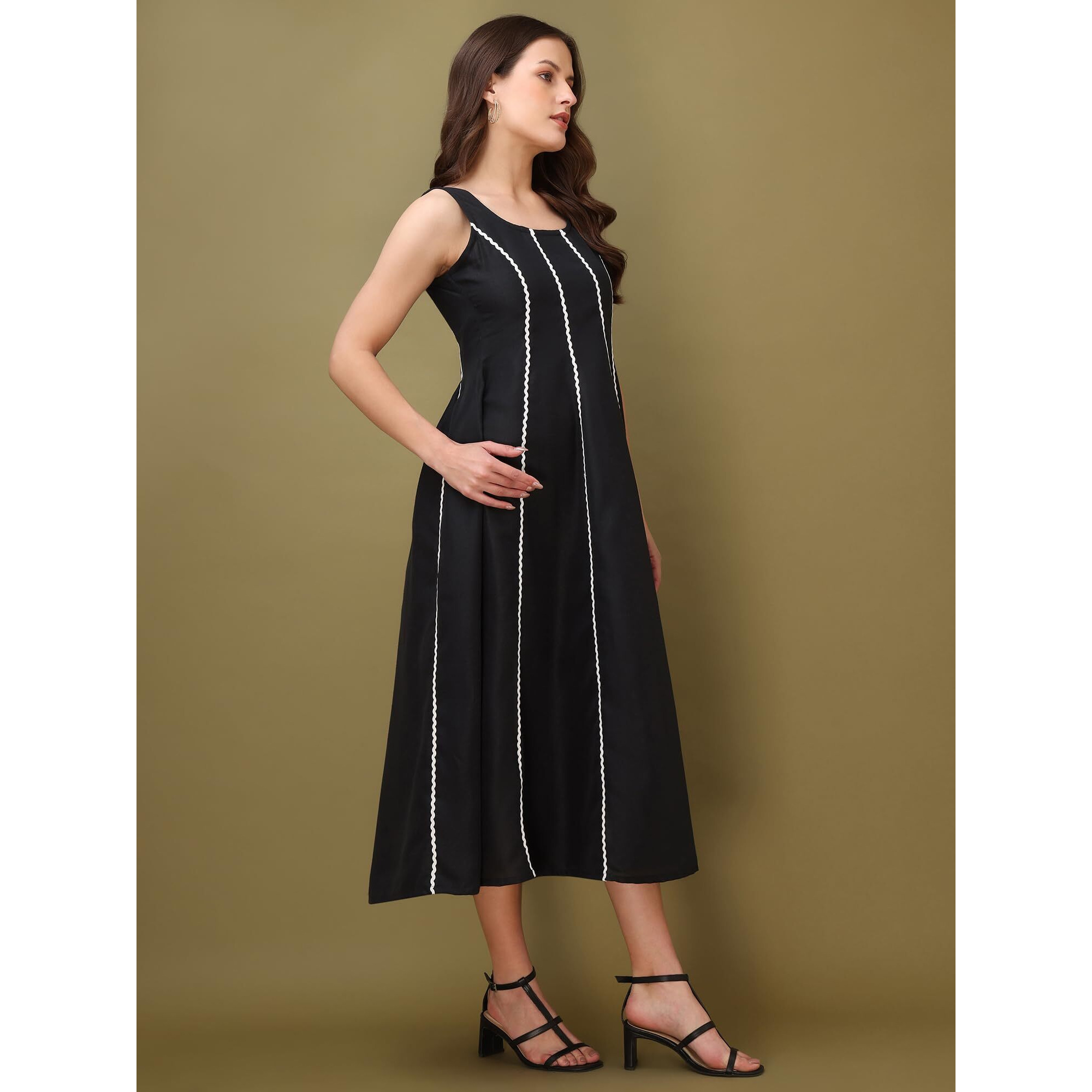 Purvaja Womens Round Neck Flared Cotton Blend Dress (Floe-045-L_Black)