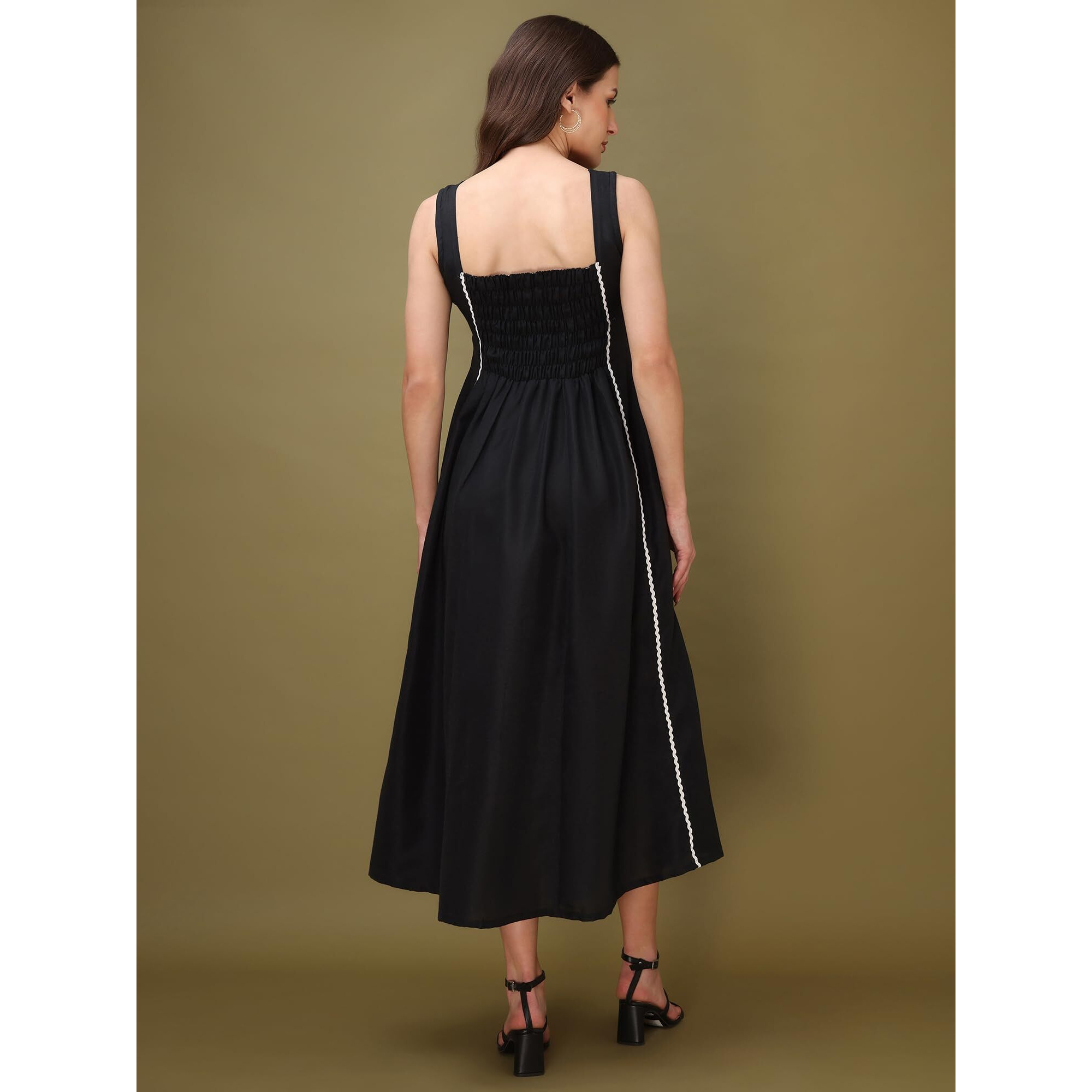 Purvaja Womens Round Neck Flared Cotton Blend Dress (Floe-045-L_Black)