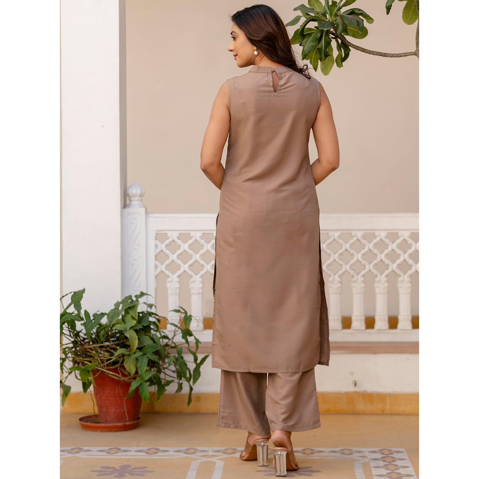 Selvia Women's Cotton Blend Co-Ords Ankle Length Dress (727Ctk7952N-L_Dark Beige