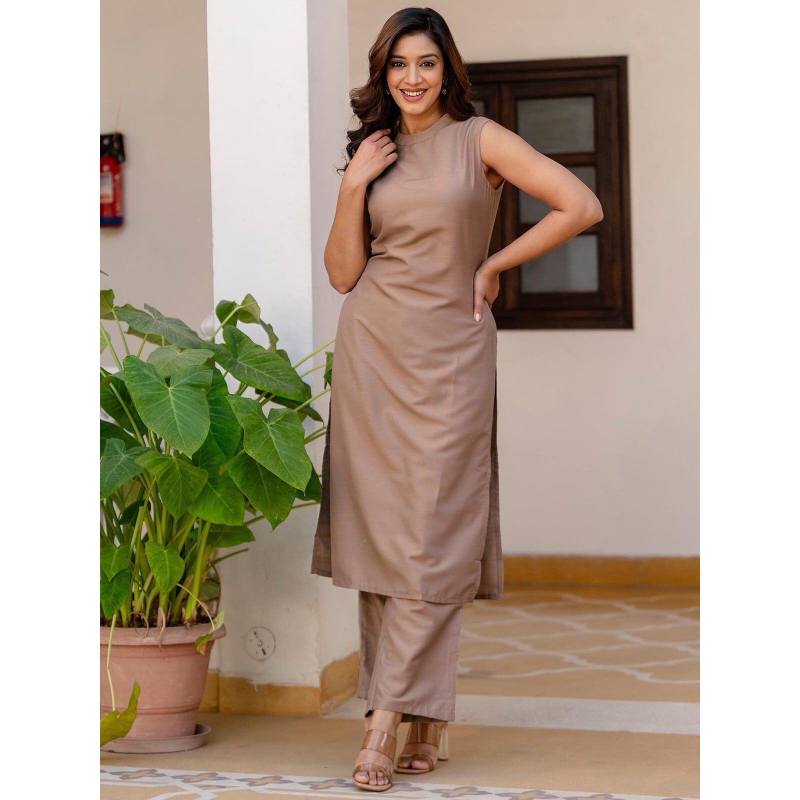 Selvia Women's Cotton Blend Co-Ords Ankle Length Dress (727Ctk7952N-L_Dark Beige