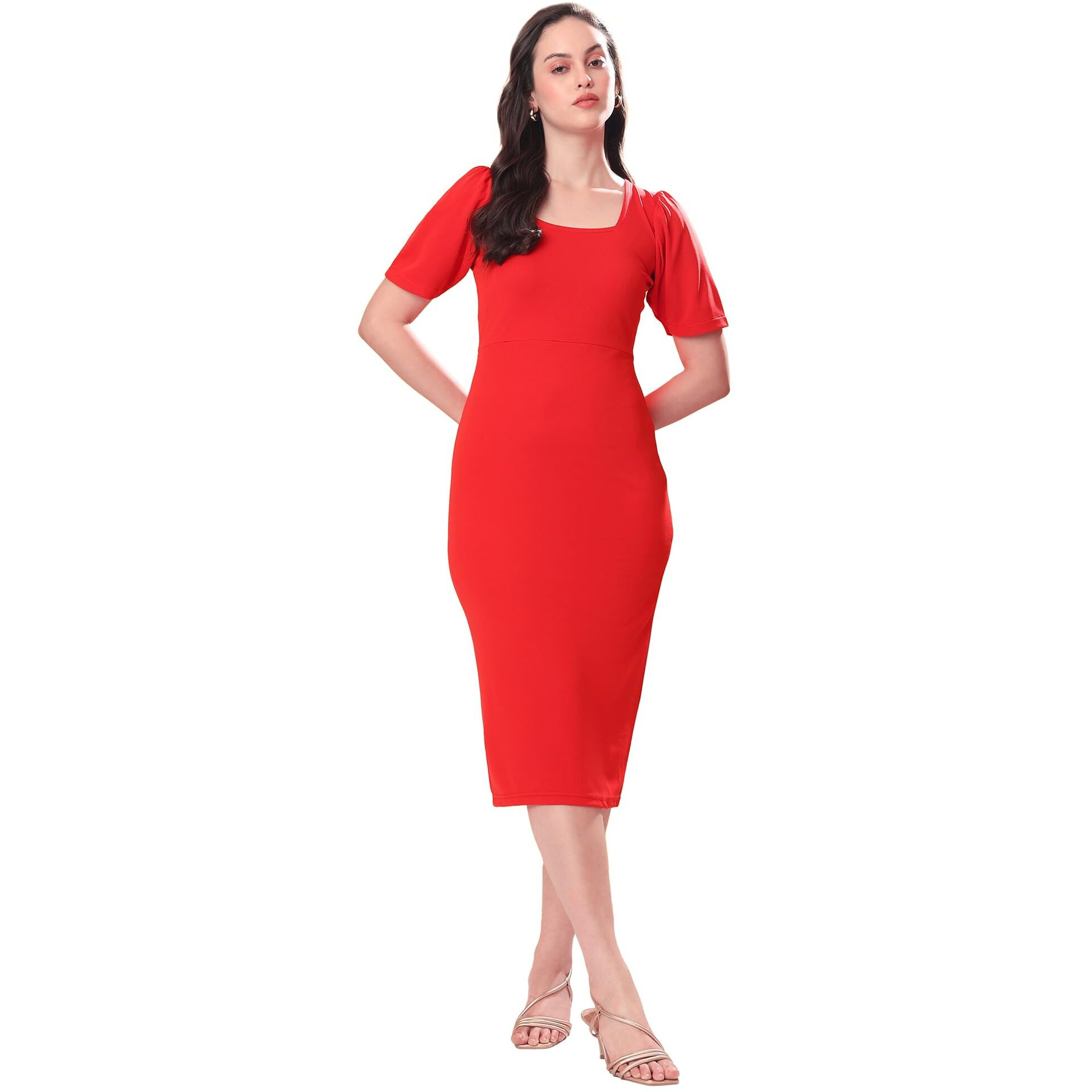 Purvaja Womens Bodycon Knee Length Dress (Bely-007_Red_X-Large)