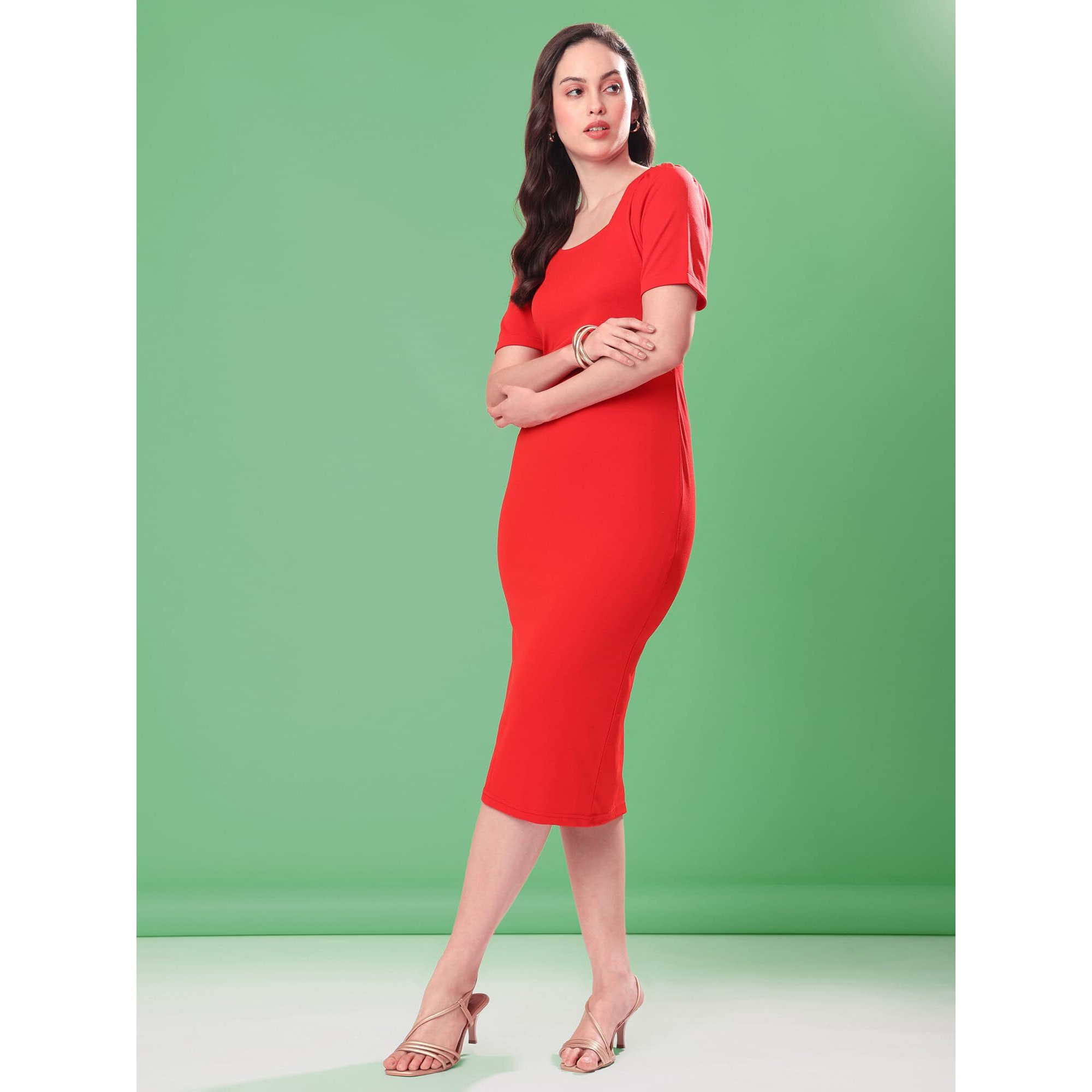 Purvaja Womens Bodycon Knee Length Dress (Bely-007_Red_X-Large)