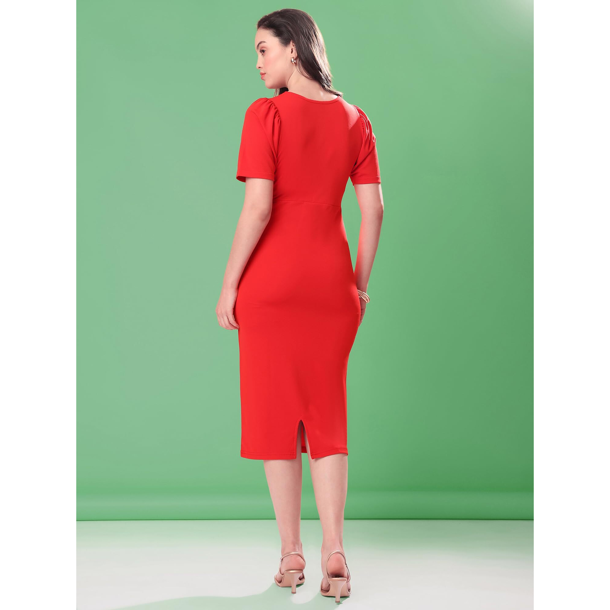 Purvaja Womens Bodycon Knee Length Dress (Bely-007_Red_X-Large)