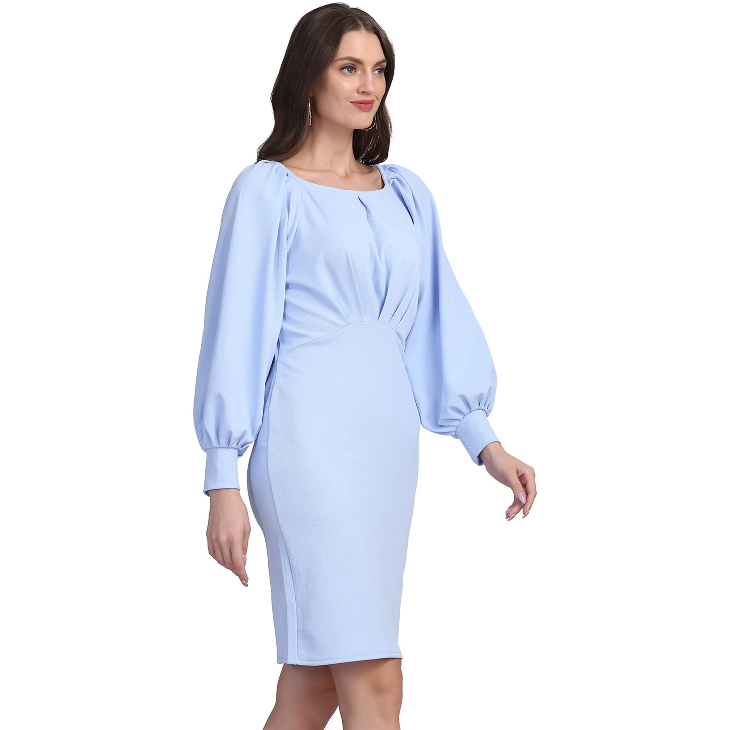 Shasmi Women's Comfortable Sky Blue Round Neck Full Sleeve Solid Midi Bodycon Casual Western Stylish Dress For Womens/Midi Dress For Girls (Shree Midi 15 Sky Blue S)