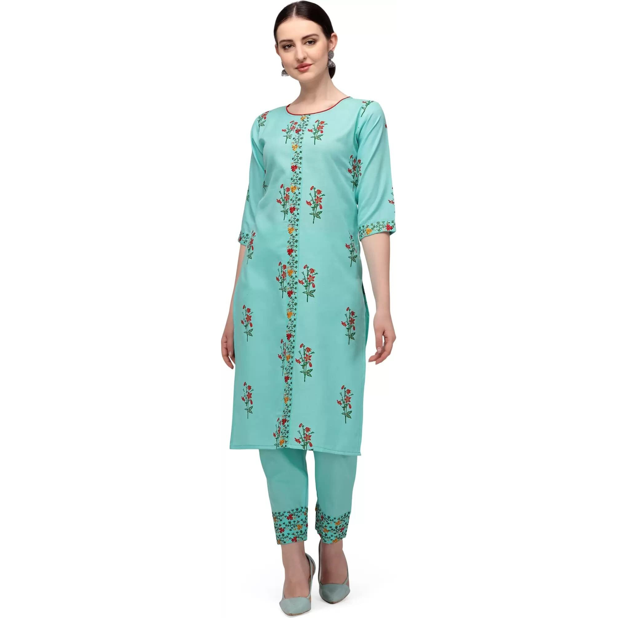 Shasmi Women's Floral Print Cotton Embroidered Lece Kurta, Trouser/Pant (Kurta Dress 34) (Medium, Sky Blue)