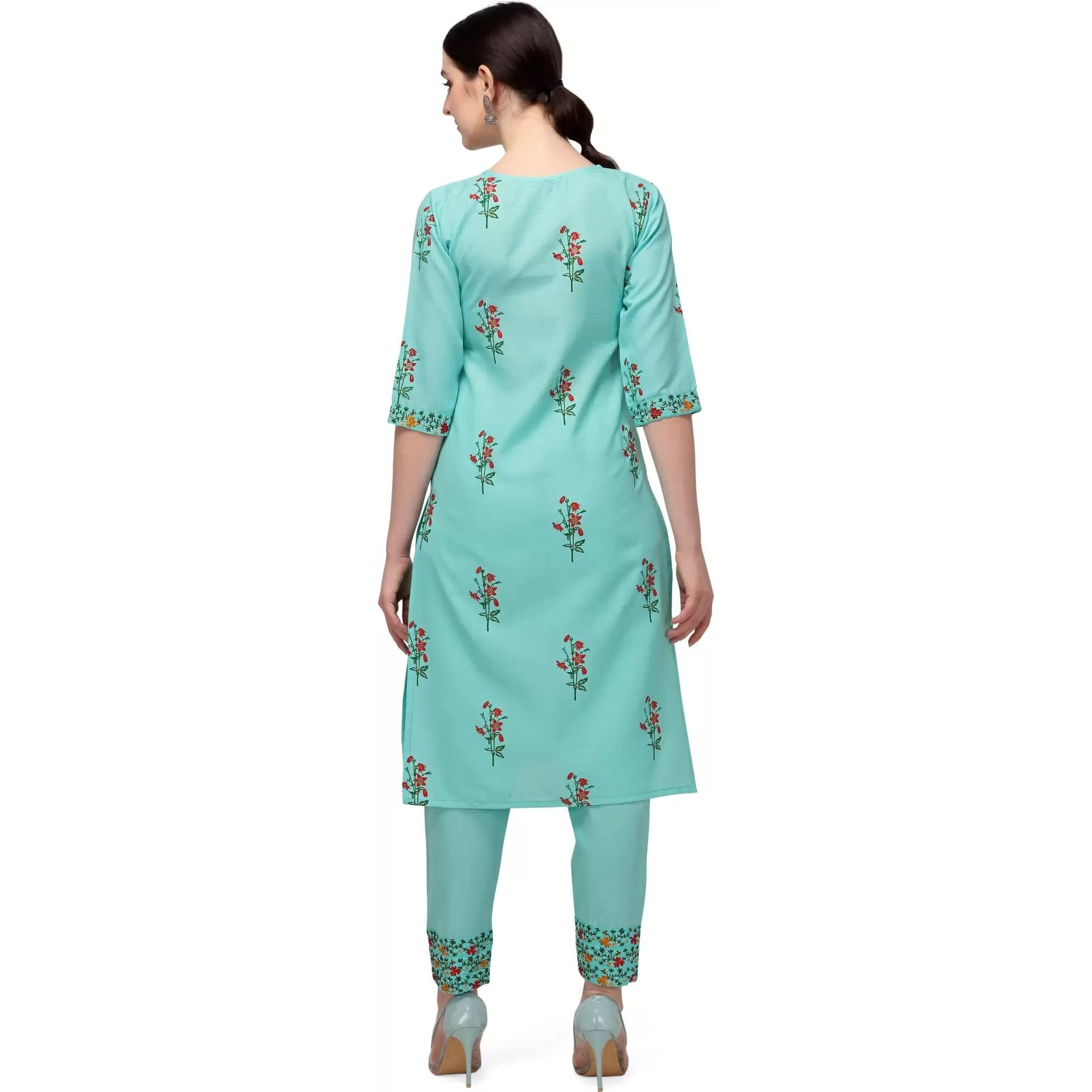 Shasmi Women's Floral Print Cotton Embroidered Lece Kurta, Trouser/Pant (Kurta Dress 34) (Medium, Sky Blue)